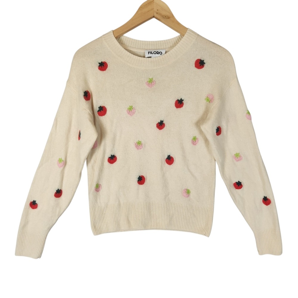 Filoro Sweater Small Cream 100% Cashmere Embroidered Fruit Novelty Print